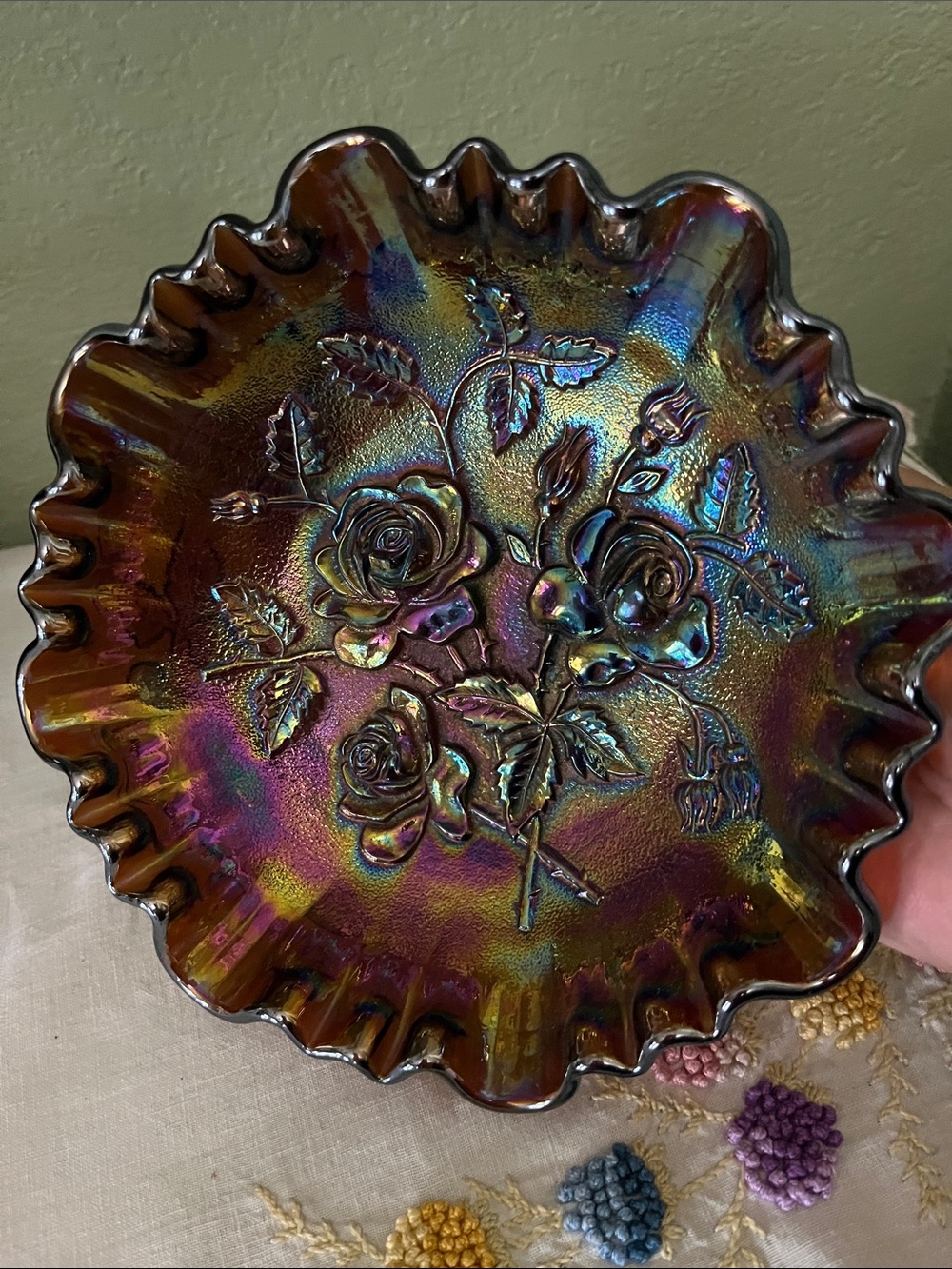 Vibrant 1910’s Imperial Glass Open Rose Carnival Bowl Footed Ruffled Amethyst